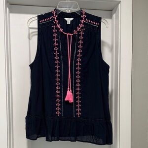 Crown & Ivy Navy Top with Pink Embroidery